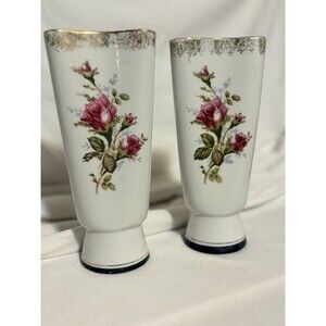 2 Vintage Mid Century UCAGCO Handpainted Rose Bud Porcelain Vases made in Japan
